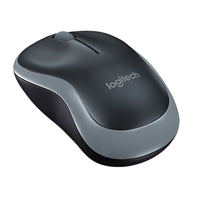 Logitech M185 wireless optical mouse in black with 12-month battery, 10-meter range, and 1000 DPI sensitivity.