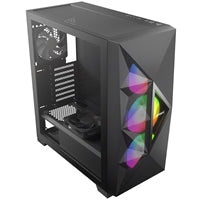 Black mid tower gaming case from ANTEC with tempered glass side panel and addressable RGB LED fans.