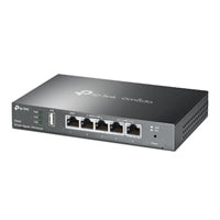 TP-Link Omada ER605 Gigabit VPN router with five Ethernet ports, compact black design, for secure network management.