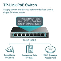 TP-Link TL-SG108PE 8-Port Gigabit PoE+ Switch Metal 64W