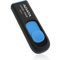 Black and blue ADATA UV128 64GB USB 3.2 Gen 1 flash drive with a capless design.