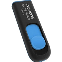 Black and blue ADATA UV128 128GB USB 3.2 Gen 1 flash drive with capless design.