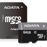 64GB ADATA Micro SDHC UHS-I Class 10 memory card with black adaptor.