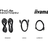 iiyama ProLite XB3270QSU monitor cables: power, HDMI, and USB-C with black connectors, designed for 32-inch displays.