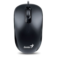Black wired optical mouse with 3 buttons, 1000 DPI sensitivity, ambidextrous design by Genius.