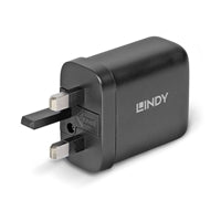 Lindy 65W Dual USB-C GaN Wall Charger - UK Plug, Black, PD 3.0