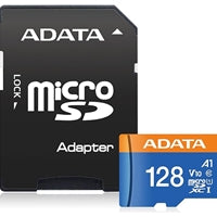ADATA Premier 128GB microSDXC/SDHC UHS-I memory card with adapter, featuring high-speed data transfer and storage capacity.