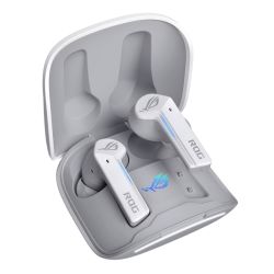 Asus ROG Cetra True Wireless Earphones in Moonlight White with touch controls and charging case, featuring active noise canc