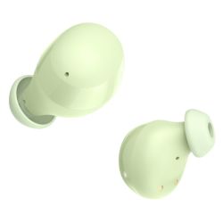 Hama Freedom Buddy II green Bluetooth earbuds with mic, touch control, bass boost, and charging case.