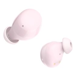 Pink Hama Bluetooth earbuds with mic, touch control, and charging case, featuring bass boost and 20-hour battery