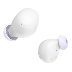 White Hama Bluetooth earbuds with bass boost, touch control, microphone, and charging case