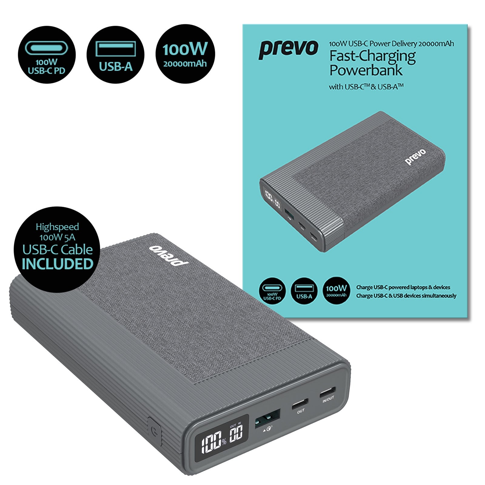 Prevo 100W USB-C Power Bank 20000mAh - Dual Port Fast Charging