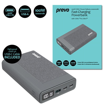 Prevo 100W USB-C Power Bank 20000mAh - Dual Port Fast Charging