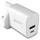 LINDY 20W Dual USB-C Wall Charger - PD 3.0 Fast Charge White UK