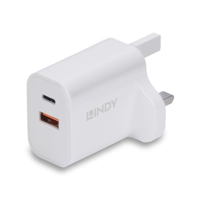 LINDY 30W Dual USB-C & USB-A PD 3.0 Wall Charger White UK