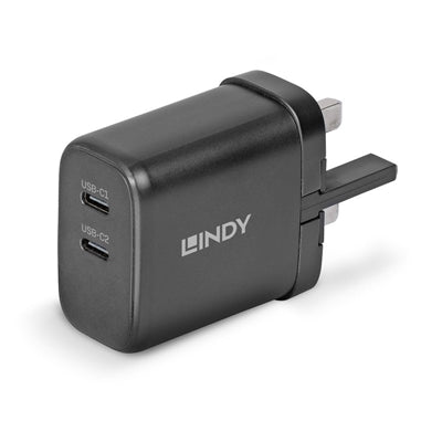 Lindy 65W Dual USB-C GaN Wall Charger - UK Plug, Black, PD 3.0
