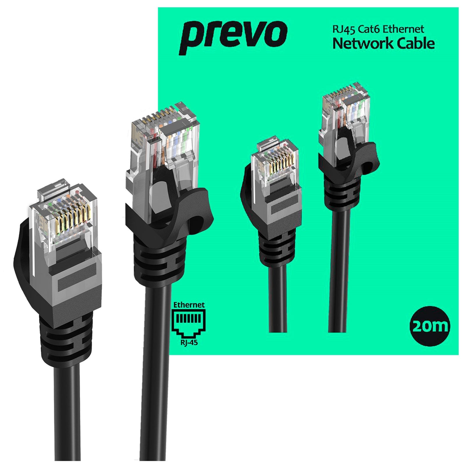 Prevo CAT6 Ethernet Cable 20m Black OFC Copper RJ45 Network LAN
