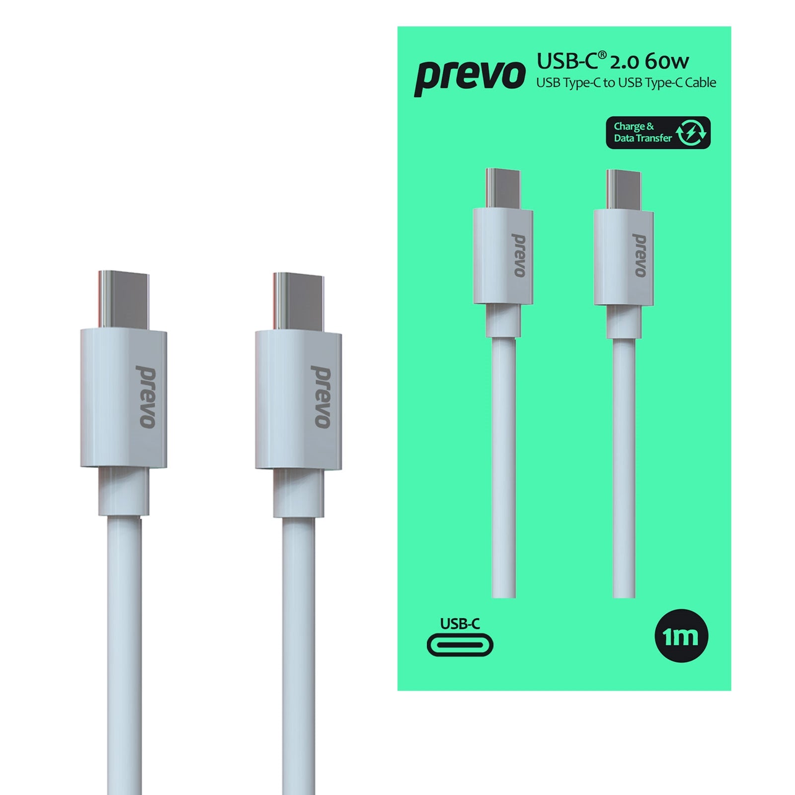 Prevo USB-C Cable 60W 1m White - Pure Copper Fast Charging