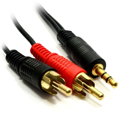 Black 3.5mm to 2 RCA audio cable, gold plated, 2 meters long, ideal for stereo connections.