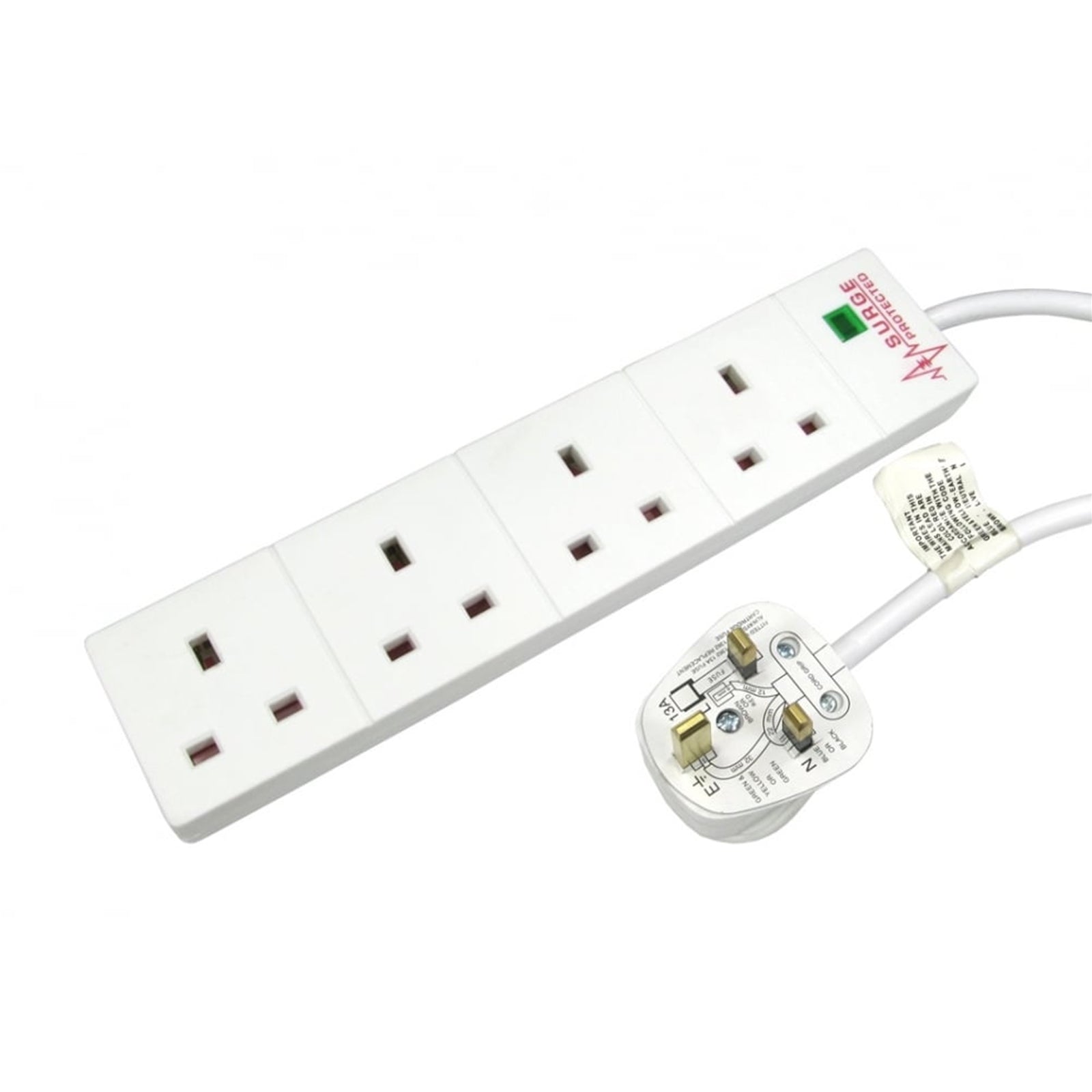 4 Gang Surge Protected Extension Lead 2m White - UK Mains LED