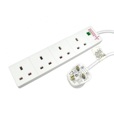 4 Gang Surge Protected Extension Lead 2m White - UK Mains LED