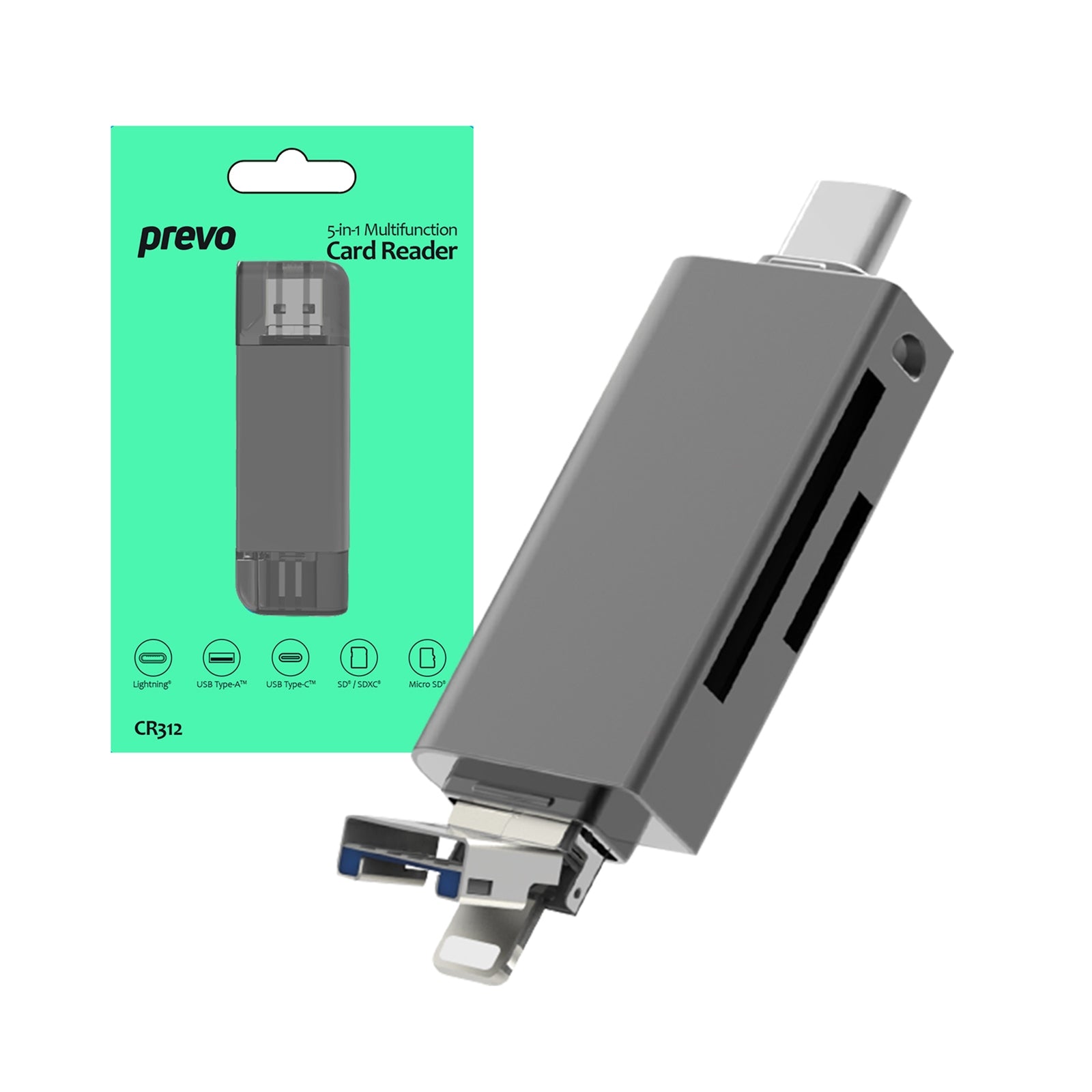Prevo CR312 3-in-1 Card Reader - USB 2.0/Type-C/Lightning - Black