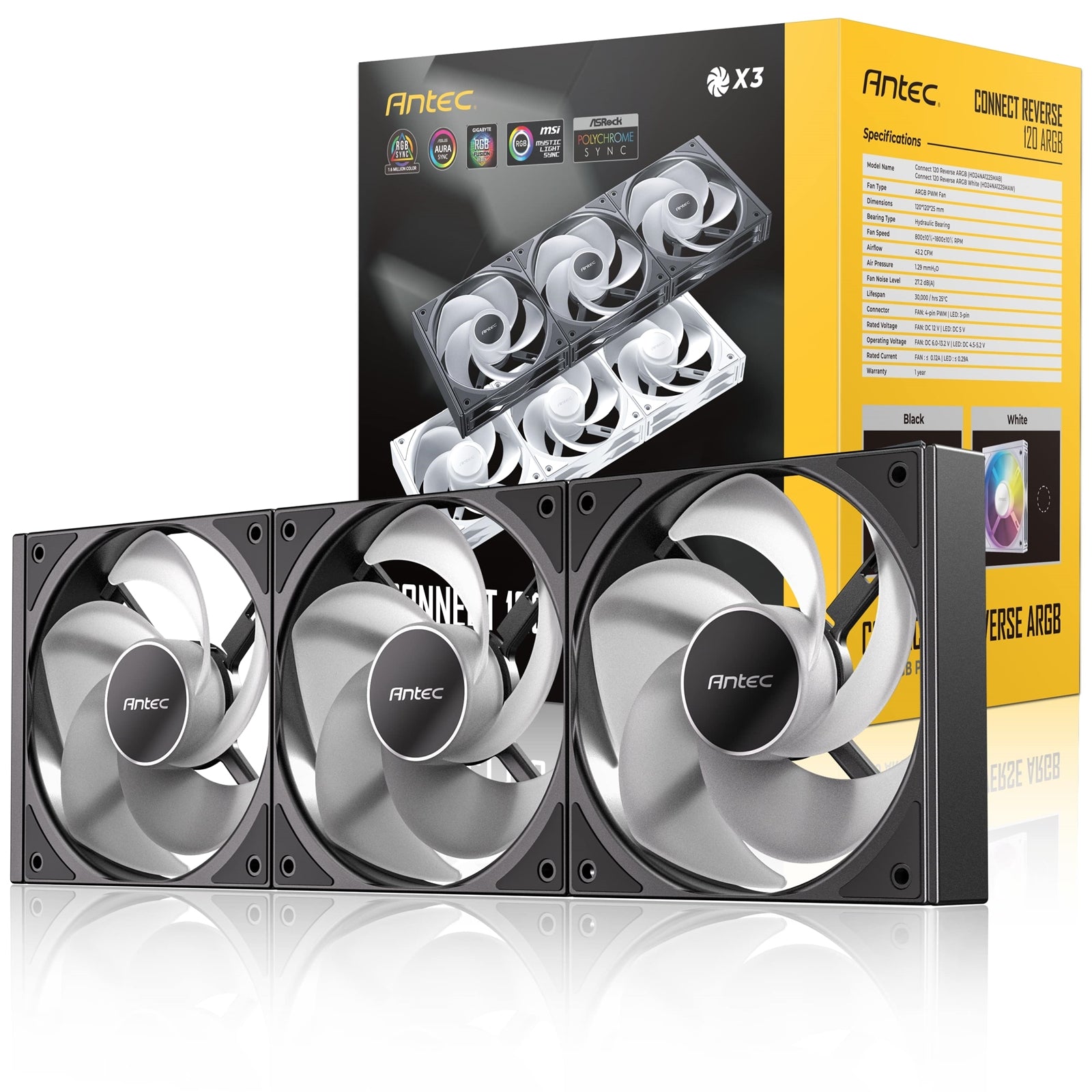 Antec Connect 120 ARGB Reverse 3-Pack PWM Fans - Hydraulic Bearing Black