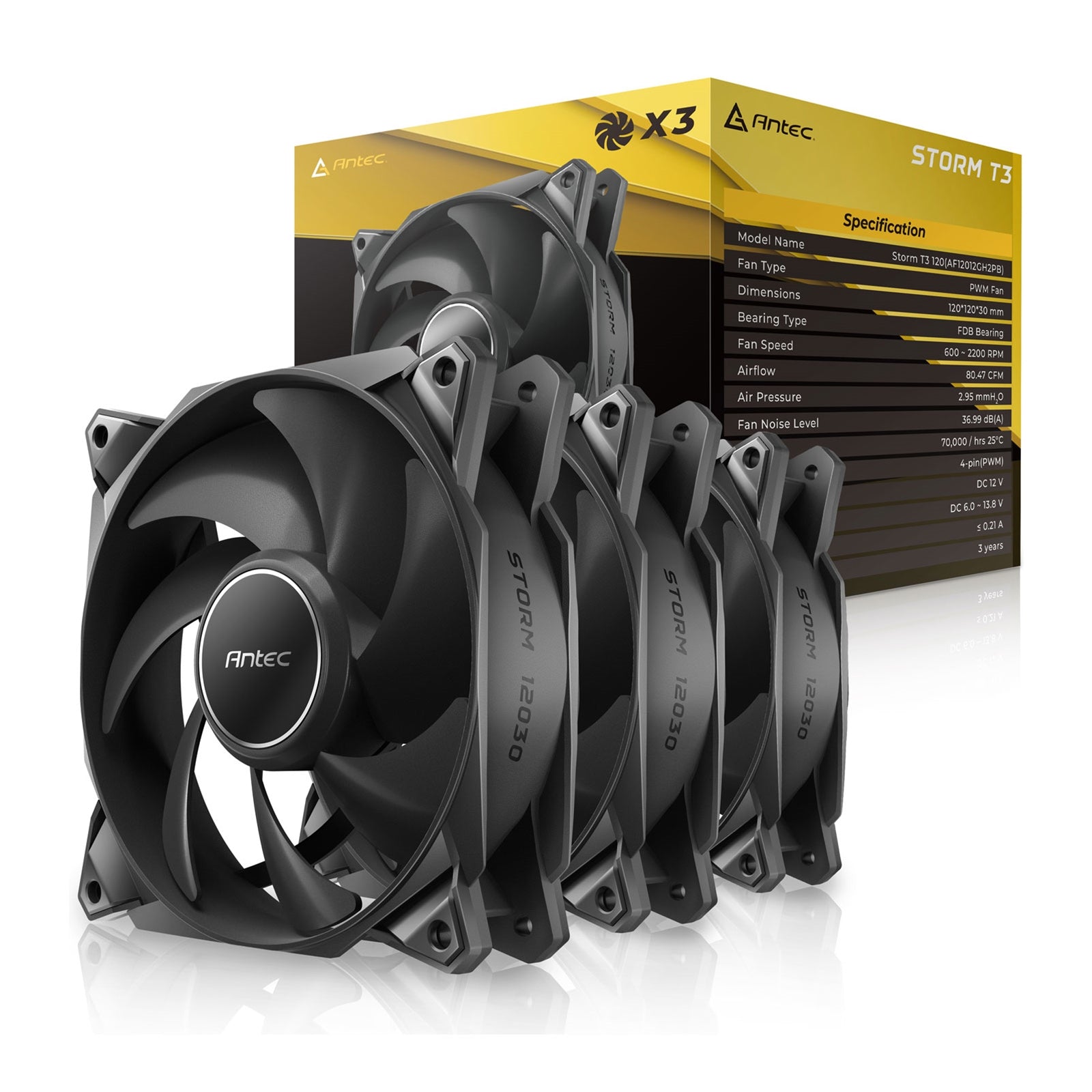 Antec Storm T3 120mm PWM Case Fan 3-Pack - 30mm Thick FDB Black