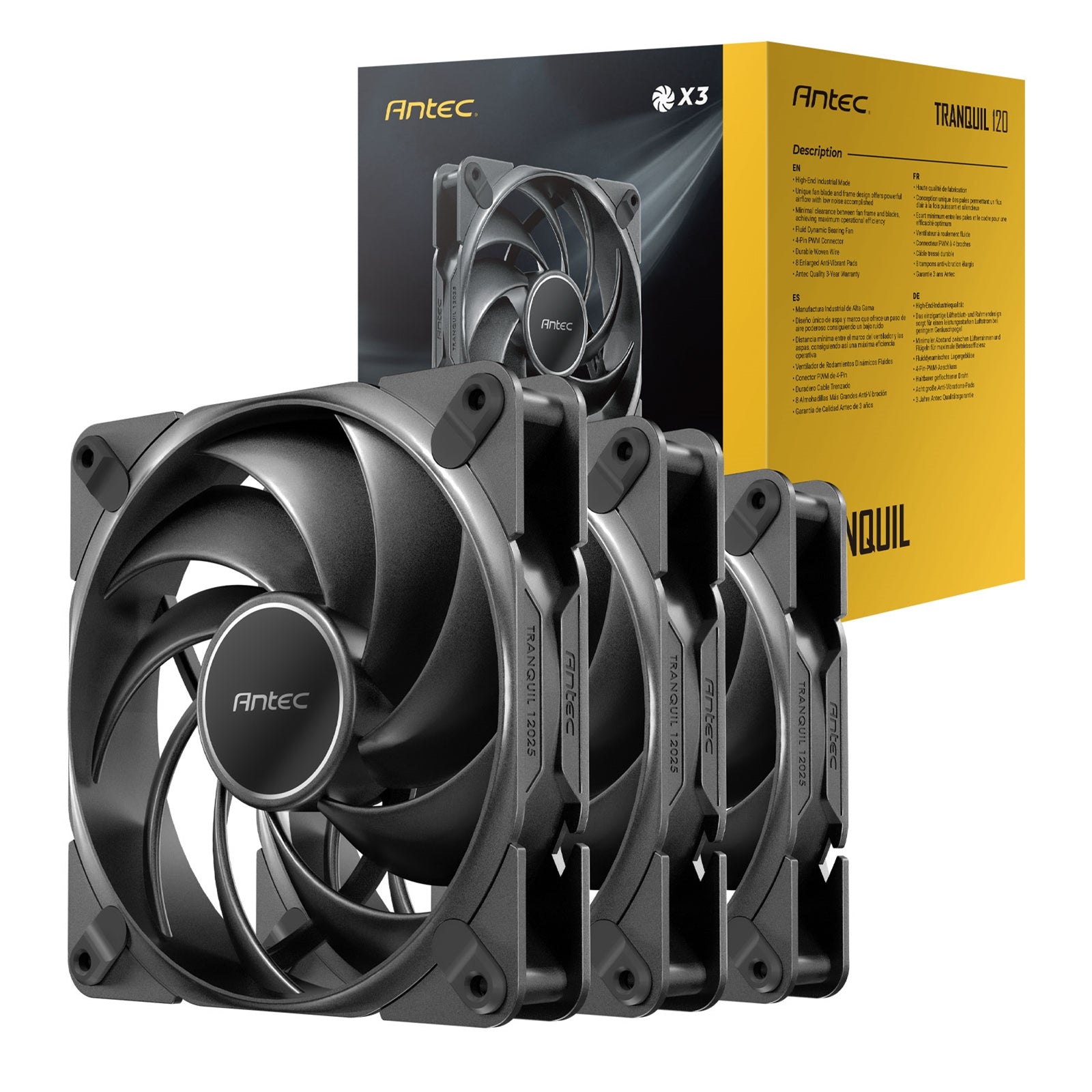 Antec Tranquil 120mm PWM Case Fan 3-Pack - FDB, 2000 RPM, Black