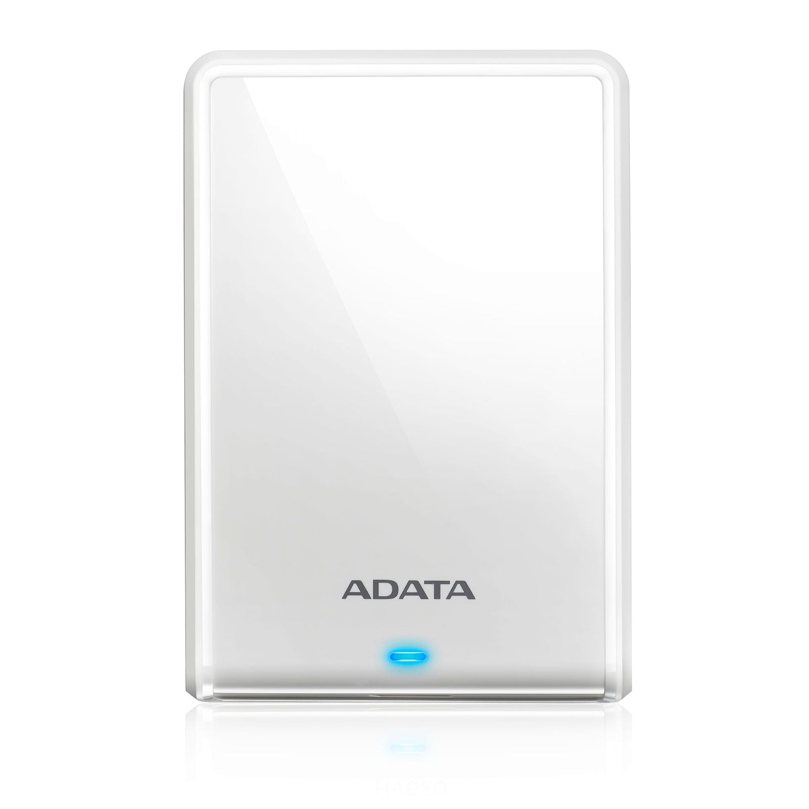 White ADATA HV620S 1TB USB 3.1 portable external hard drive with a sleek, glossy finish and blue indicator light.