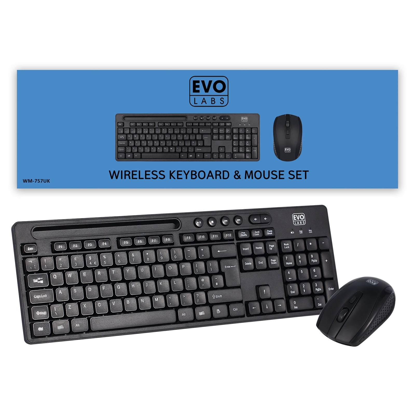 Evo Labs WM-757UK Wireless Keyboard Mouse Combo UK QWERTY 105-Key