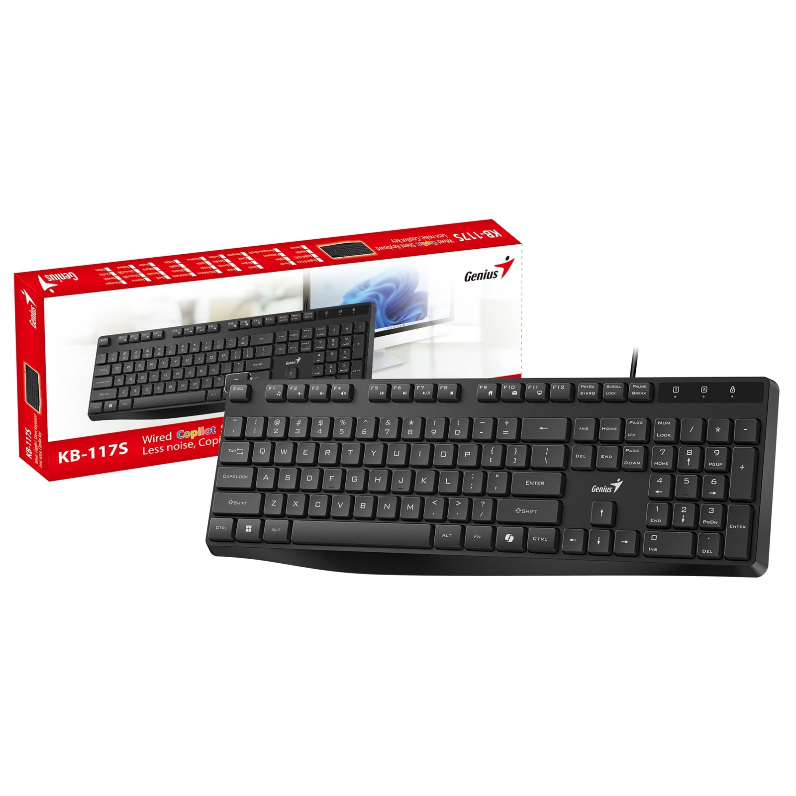 Genius KB-117S Silent Wired Keyboard - AI Copilot, UK Layout, Black
