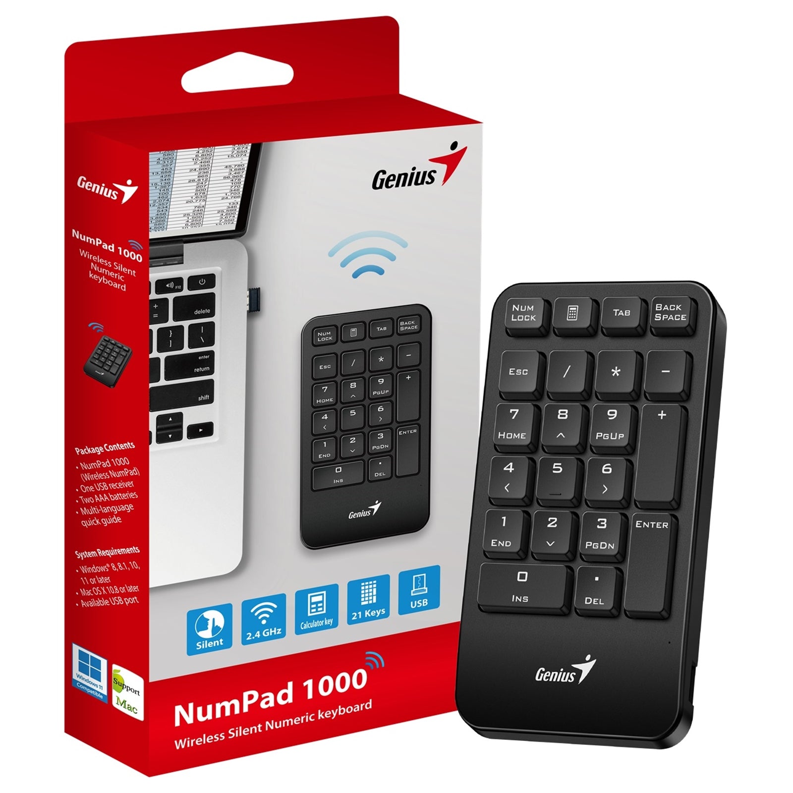 Genius NumPad 1000 Wireless Numeric Keypad - 21-Key Chiclet Black