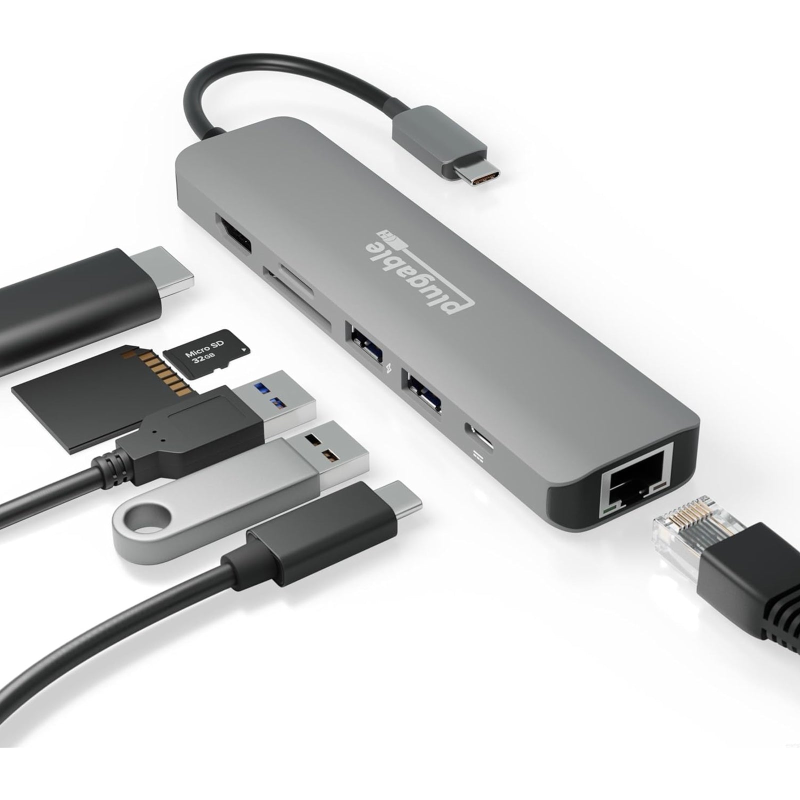 Plugable Aluminum 7-in-1 USB-C Hub - 4K HDMI, Gigabit Ethernet, 100W PD