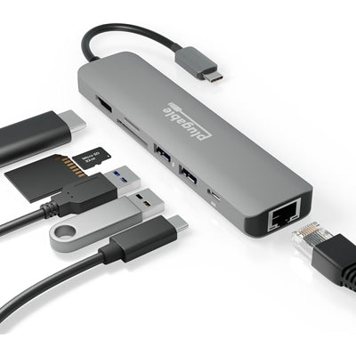 Plugable Aluminum 7-in-1 USB-C Hub - 4K HDMI, Gigabit Ethernet, 100W PD