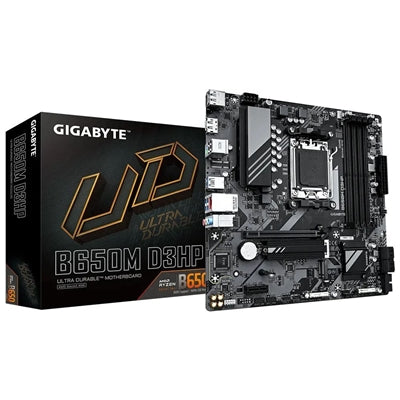 Gigabyte B650M D3HP micro-ATX motherboard with 4x DDR5 slots, 2x M.2 sockets, 2x USB-C ports, 2.5GbE LAN.