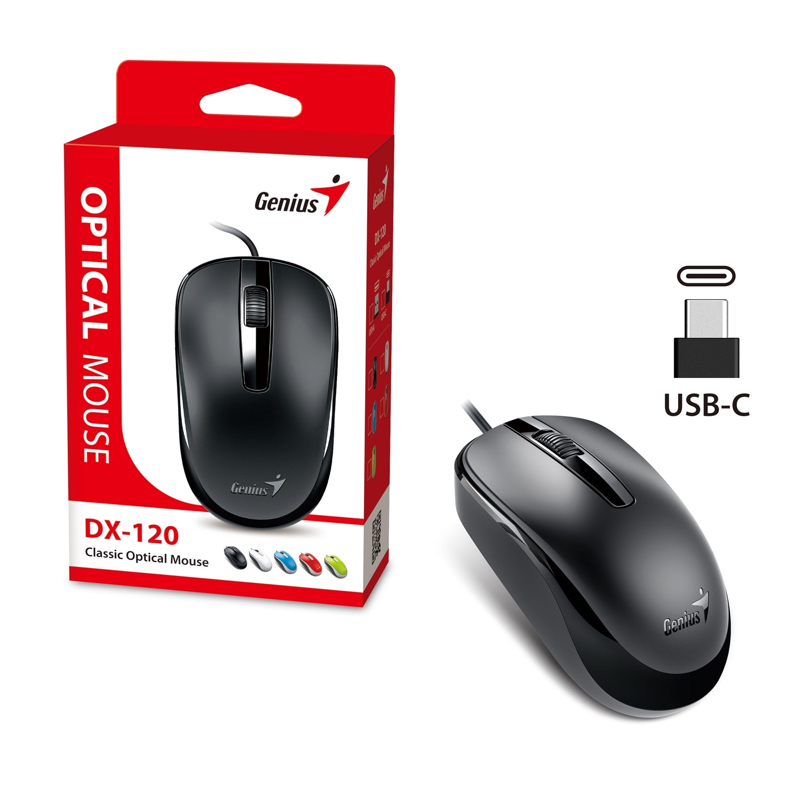Genius DX-120 USB-C Wired Optical Mouse - 1200 DPI, Black