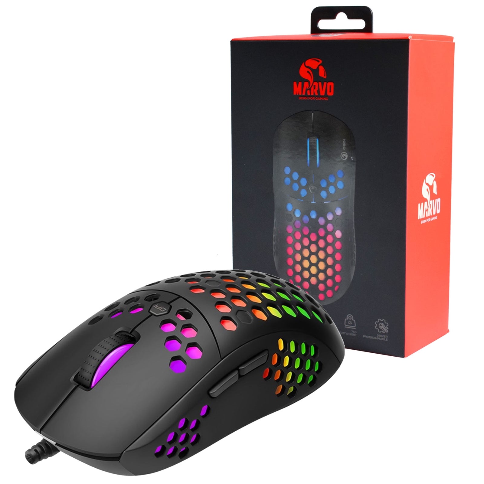 Marvo Scorpion G961 Lightweight Gaming Mouse 75g Honeycomb RGB Black