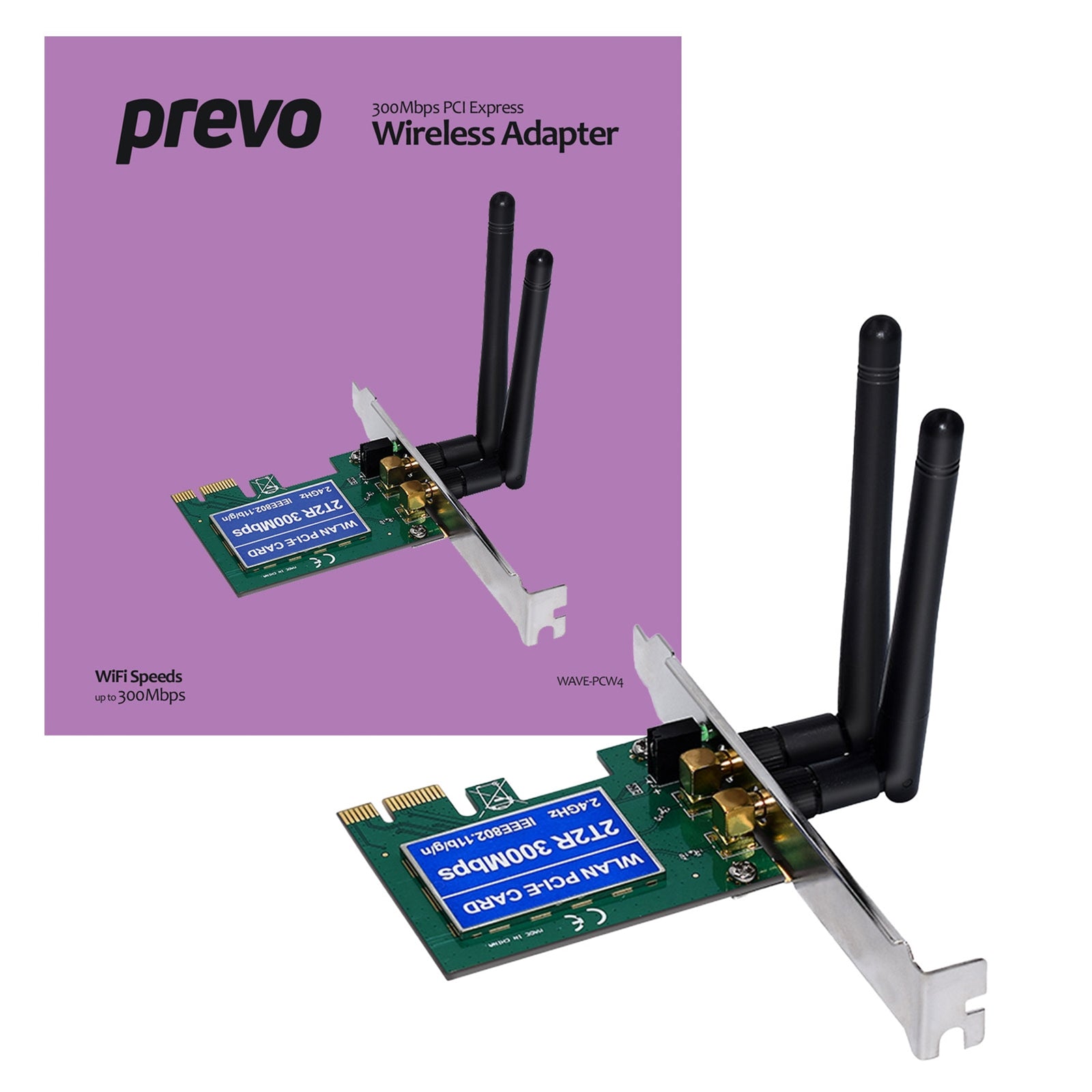 Prevo N300 300Mbps PCIe Wireless Adapter - Dual Antenna Low Profile