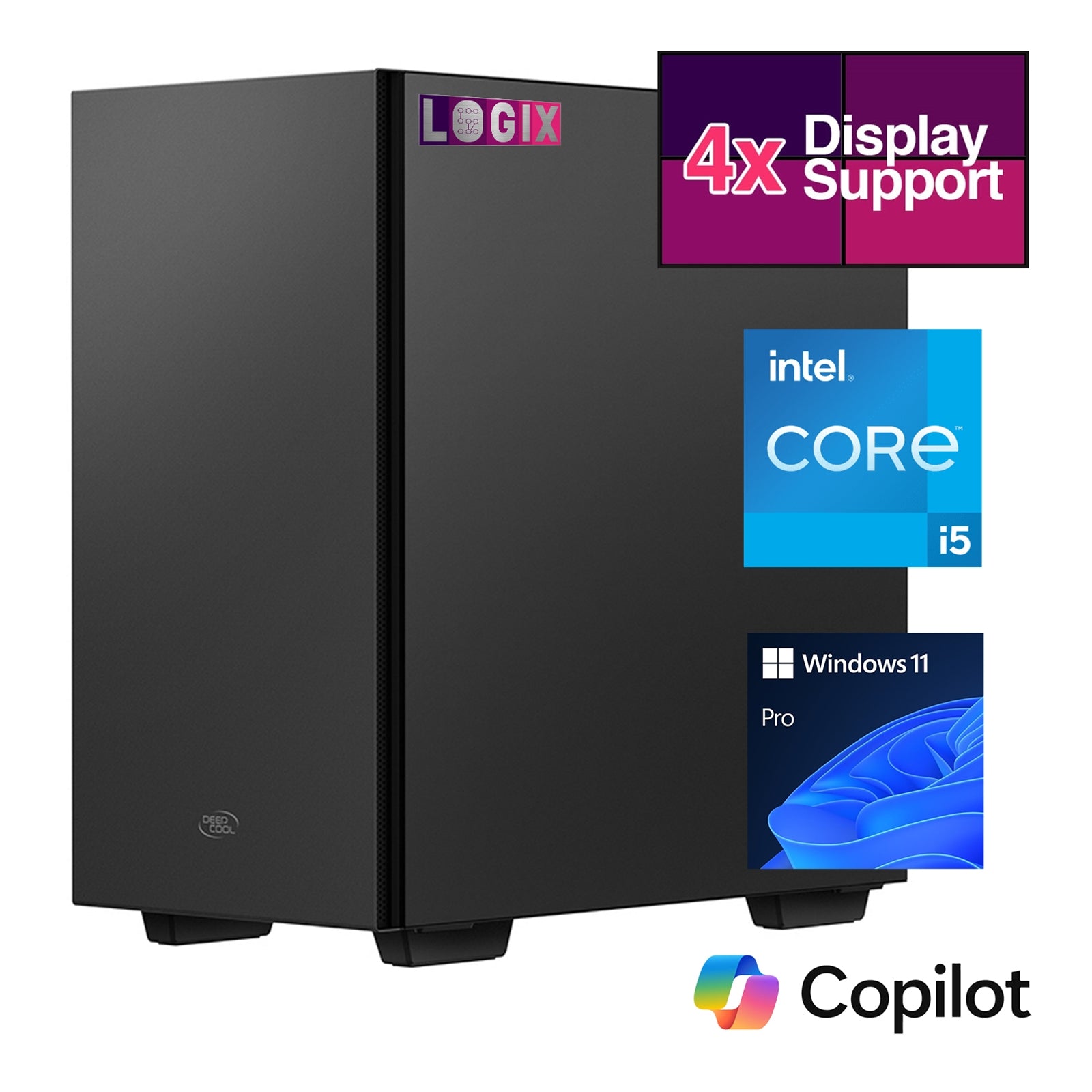 LOGIX Micro Tower, black, Intel i5, 16GB RAM, 500GB SSD, supports 4 monitors, with Windows 11 Pro.