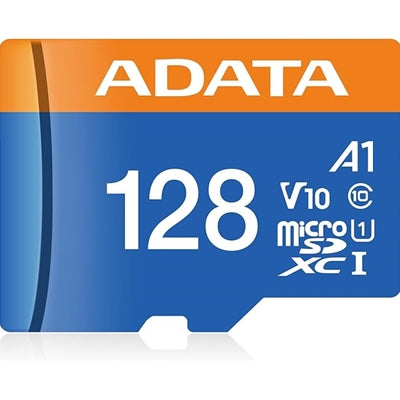 ADATA Premier microSDXC 128GB memory card, UHS-I, V10, A1, blue and orange design.