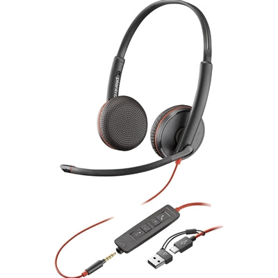 Poly Blackwire 3225 USB-C stereo headset with noise-cancelling mic and 3.5mm jack, black color.