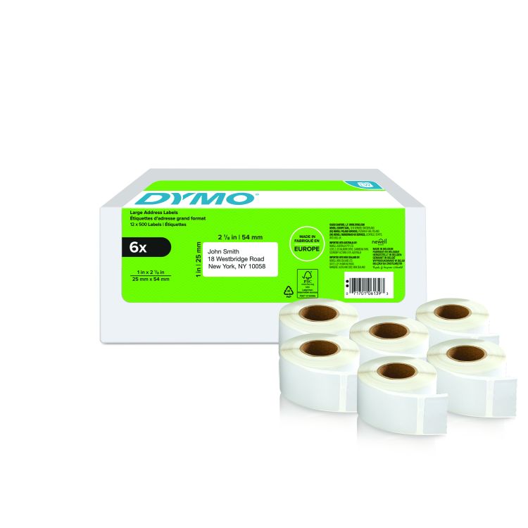 Dymo 11352 6 Rolls 25mm x 54mm Returns Labels Tape Black On White