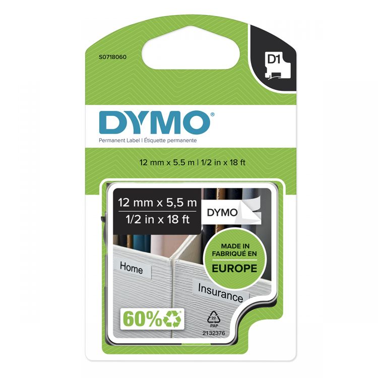 Dymo 16959 D1 12mm x 5.5m Black on White Polyester labels