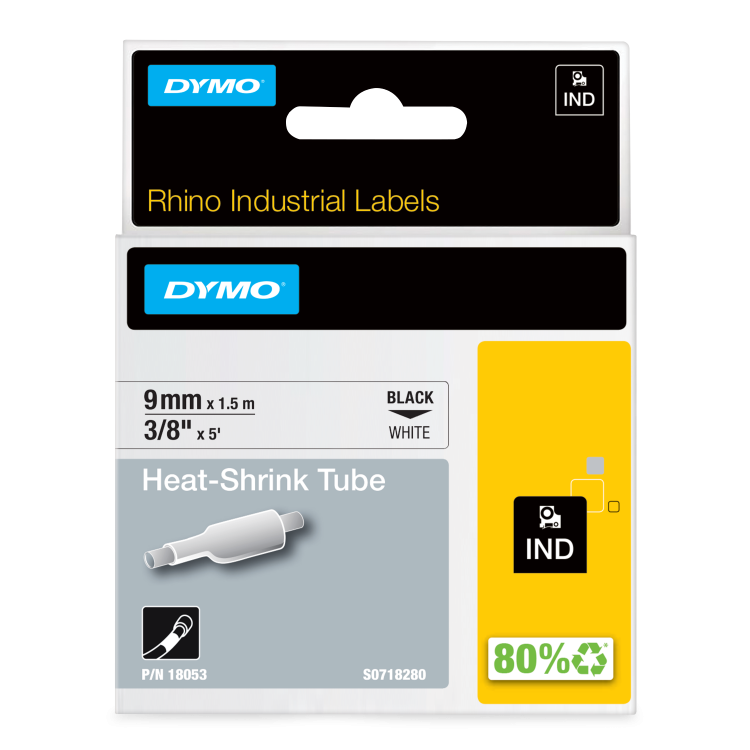 Dymo 18053 Rhino 9mm Black on White Heat Shrink Tube - S0718280