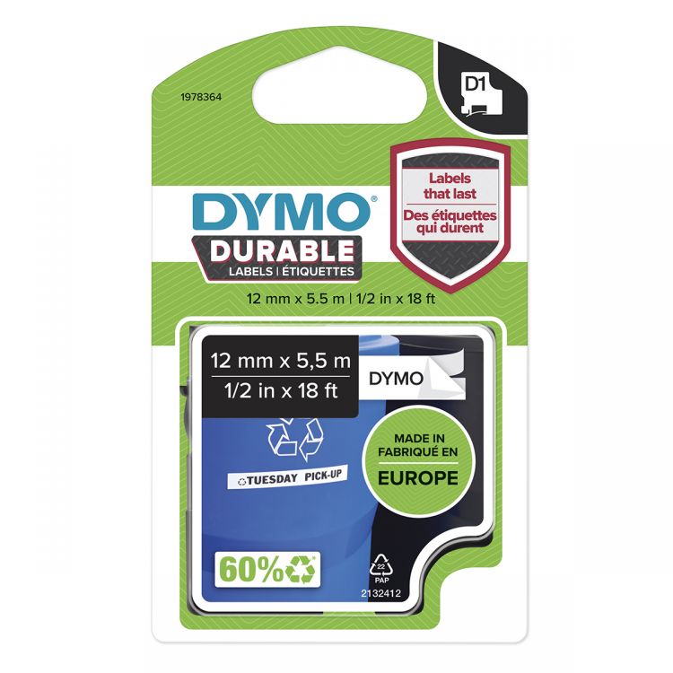Dymo 1978364 D1 Durable 12mm x 5.5M Tape Black on White