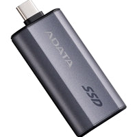 Black titanium ADATA SC750 1TB USB-C portable SSD with USB 3.2 Gen 2, offering speeds up to 1000 MB/s.