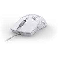 White lightweight RGB gaming mouse with 16000dpi, featuring ergonomic design and textured surface by Tecware.
