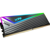 Tungsten grey XPG DDR5 6400MHz 16GB RGB RAM module with sleek design and colorful LED lighting.