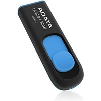 ADATA UV128 32GB USB 3.2 Gen 1 flash drive in black and blue with retractable design.